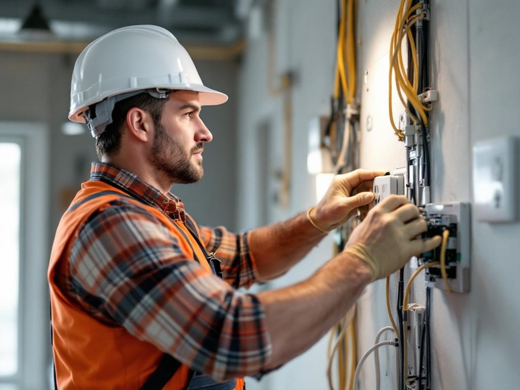 Elektriker bei der Verkabelung im Neubau